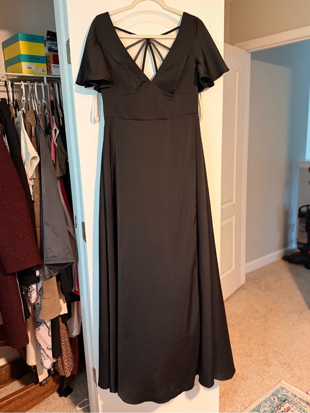 Azazie Black V-Neck Flutter Sleeve Maxi Dress with Strappy Back